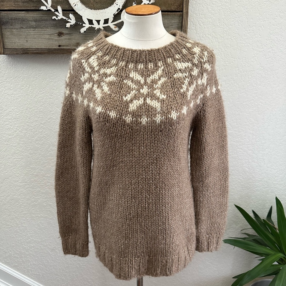 J. Crew Women's Brown Snowflake HANDKNIT Sweater ladies‎ Large Wool alpaca blend